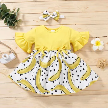 Baby Toddler Meitenes Izlīdzināšanu Piedurknēm Zemeņu Iespiesti Princese Kleita + Galvassegu платье для девочки Vasaras Baby Girl Dress