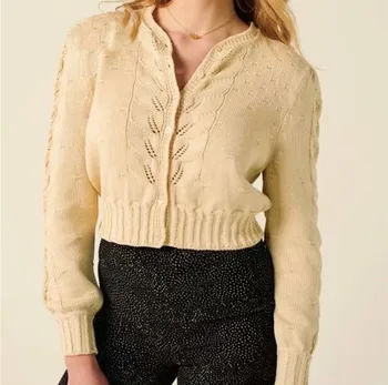 Vintage Sieviešu Trikotāžas jaka Francija Stila Dobi No Krējuma Vērpjot Vintage Džemperis ar garām Piedurknēm Trikotāža