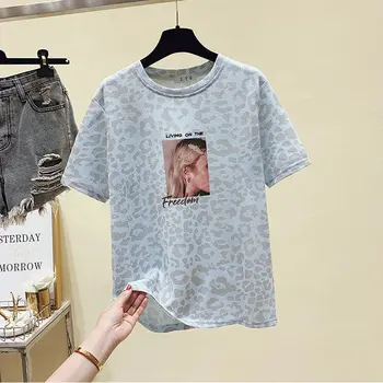Ar īsām Piedurknēm T krekls Sievietēm Kawaii Drēbes Rozā Izšuvumi Vasaras T-Krekls, Sieviete, Topi Gadījuma Leopard Tee Kreklu korejas Modes 2021