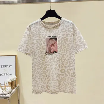 Ar īsām Piedurknēm T krekls Sievietēm Kawaii Drēbes Rozā Izšuvumi Vasaras T-Krekls, Sieviete, Topi Gadījuma Leopard Tee Kreklu korejas Modes 2021