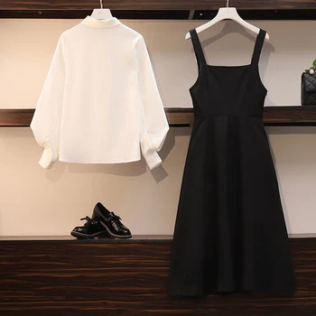 Modes garām Piedurknēm Pogas Krekls+siksna Dresstwo Gabals, kas Sievietēm korejiešu Stilā, Plus Izmērs 4xl Kleitu, Uzvalku Gadījuma Augsts Viduklis Kleitas