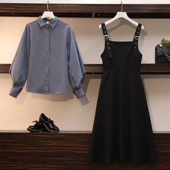 Modes garām Piedurknēm Pogas Krekls+siksna Dresstwo Gabals, kas Sievietēm korejiešu Stilā, Plus Izmērs 4xl Kleitu, Uzvalku Gadījuma Augsts Viduklis Kleitas