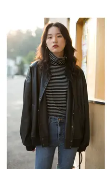 Melna ādas jaka sieviešu students, korejiešu zaudēt dāmas pavasara un rudens ādas mētelis sievietēm top 2020 