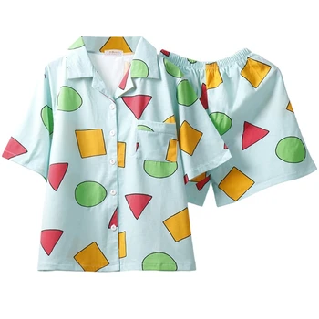 Ir 2021. Jaunas Sieviešu Vasaras 2 Gabals Pidžamas Komplekts Īsām Piedurknēm Pogu Sleepwear Krāsains Ģeometrijas Modelis Zaudēt Mājas Loungewear