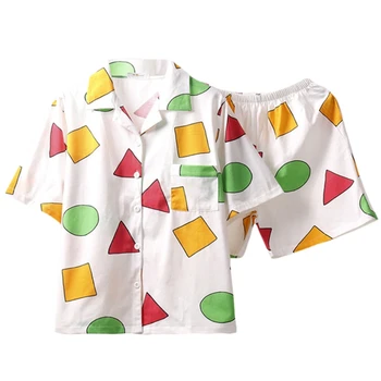 Ir 2021. Jaunas Sieviešu Vasaras 2 Gabals Pidžamas Komplekts Īsām Piedurknēm Pogu Sleepwear Krāsains Ģeometrijas Modelis Zaudēt Mājas Loungewear