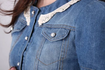 Sieviešu demin virsdrēbes , o-veida kakla mežģīņu apkakli, īsām piedurknēm džinsa jaka 6022