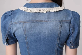 Sieviešu demin virsdrēbes , o-veida kakla mežģīņu apkakli, īsām piedurknēm džinsa jaka 6022