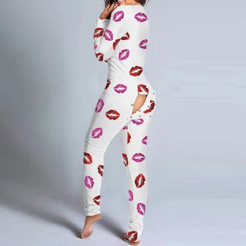 Sievietes, Seksīgas Pidžamas Onesies Hip Dobi No Buttoned Atloks Pieaugušajiem Jumpsuit Dziļu V-Veida Kakla Ar Garām Piedurknēm Drukāt Sieviešu Romper Sleepwear