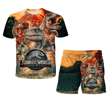Dinozauru T krekls un Īsā Zēnu Apģērba Jurassic Pasaules Komplekti Vasarā Jauni Bērnu Zēniem ar Īsām Piedurknēm Topi+ Īss 2021 Ikdienas Drēbes