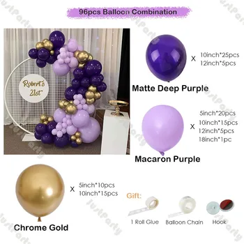 96pcs Matēts Deep Purple Chrome Zelta Balonu Arkas Vainags Komplekts DIY Kāzu Puse, Apdare, Jubileju, Bērnu Dušas Labu Dekori