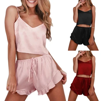 2gab/Set Sexy Sievietes Sleepwear Pidžamu 20200Solid Krāsu V Kakla Kamzolis Top Mežģīņu Šorti Pavasara Vasaras Sleepwear Uzstādīt Naktsveļu