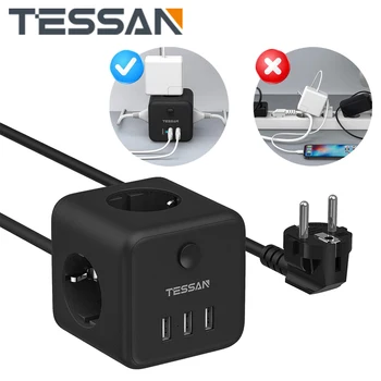 TESSAN Mini Ceļojumu Jaudas Sloksnes ar Slēdzi, 3 AC Vietās un 3 USB Porti, 1.5 M/5FT pagarinātāju 6-in-1 ES Spraudnis-Ligzda Mājas