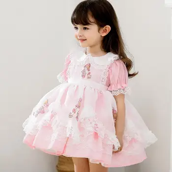 Vasaras Jaunā Spānijas Bērni Princese Bumbu Tērpu Mežģīnes Priekšgala Drukāt Izšūšanas Dzimšanas Dienas Svinības, Lieldienu Īsām Piedurknēm Meitene Lolita Kleita A279