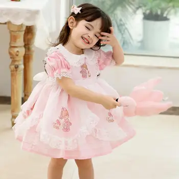 Vasaras Jaunā Spānijas Bērni Princese Bumbu Tērpu Mežģīnes Priekšgala Drukāt Izšūšanas Dzimšanas Dienas Svinības, Lieldienu Īsām Piedurknēm Meitene Lolita Kleita A279