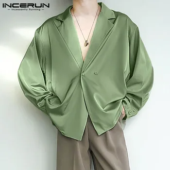 INCERUN ir 2021. Modes Vīriešu Krekls vienkrāsainu Savukārt Apkakle Streetwear garām Piedurknēm Pogas, Vīriešu Apģērbs Brīvs Gadījuma Camisa S-5XL
