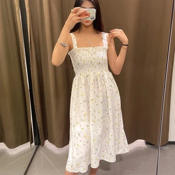 ZA 2021. gada vasaras jaunā modes sieviešu kleita mazu, svaigu ziedu Ins blogger to pašu kleitu iespiesti elastīga vidukļa siksnu, kleita