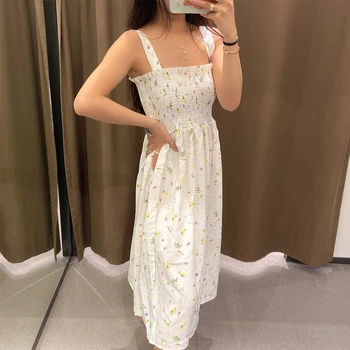 ZA 2021. gada vasaras jaunā modes sieviešu kleita mazu, svaigu ziedu Ins blogger to pašu kleitu iespiesti elastīga vidukļa siksnu, kleita