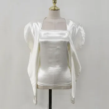 Ir 2021. Pavasara Korejas Balta Blūze Ar Garām Piedurknēm Krekls Modes Sieviešu Elegants Laukumā Apkakles Slim Savvaļas Spīdīgs Samts Apakšā Zīdaini Topi