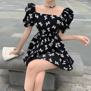 Modes Vasaras Korejas Vintage Puff Sleeve Mini Puse Kleita Dāmas Elegants Ikdienas Francijas Romantiska Laukumā Apkakles Drukāt Īsu Kleitu
