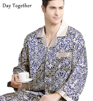 Plus Lieluma Vīriešiem Luksusa Satīna Pidžamas Long Piedurknēm Zīda Pijama Sleepwear Vīriešu Pidžamas Komplekts Drukāts Naktsveļu Vīrietis