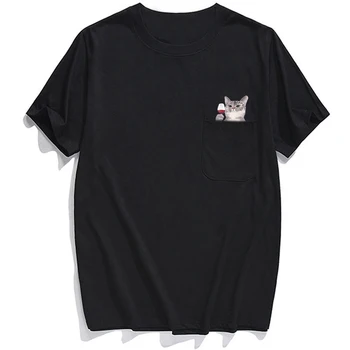 Dzīvnieku T Krekls Modes Zīmolu vasaras kabatas kaķis iespiests t-kreklu apdruka vīriešu sieviešu krekli Hip hop topi smieklīgi kokvilnas t-veida