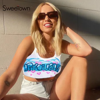 Sweetown Karikatūra Izdrukāt Gudrs Y2K Kultūraugu Top Sieviete Slim, Sexy Kawaii Drēbes bez Piedurknēm Mežģīnes Up Pavada Topi Vasaras Harajuku