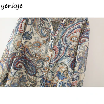 Vintage Paisley Drukas Krekls, Sieviešu Blūze Savukārt Apkakle ar garām Piedurknēm Flowy Biroja Dāmas Krekli Plus Lieluma Gadījuma blusas