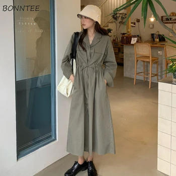 Ar garām Piedurknēm Kleita Sievietēm Cilpu Cietā Tīņi Retro-line korejas Vienkāršs Klasisks Kabatas Vintage Sieviešu Streetwear Elegants Harajuku