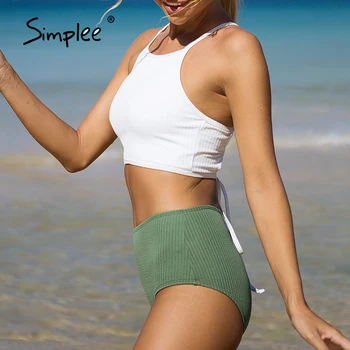 Simplee Svītrains peldkostīms sievietēm Augsta vidukļa bikini ir 2021. Mujer Augsta kakla peldkostīmi sieviešu Lenta 2 gab. komplekts Sporta peldkostīms
