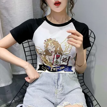 Tīra Kokvilnas Auduma Izšūšana Hit Krāsu Īsām piedurknēm T-krekls Sieviešu korejiešu Versiju Slim Visu maču Apaļu Kakla Īsām Piedurknēm