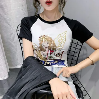 Tīra Kokvilnas Auduma Izšūšana Hit Krāsu Īsām piedurknēm T-krekls Sieviešu korejiešu Versiju Slim Visu maču Apaļu Kakla Īsām Piedurknēm