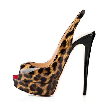 Peep toe Platformas augstpapēžu kurpes Sieviešu Spīdīgu Melnu Pliks Sarkanā Leopard sandales ar siksniņām Sexy Sandales Gudrs, Siltumsūkņi Ļoti Augsts, Kleita Apavi