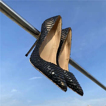 Sieviešu Modes Dāma bezmaksas piegāde Melns ādas python čūska Poined Pirkstiem Duncis Papēdi augstiem papēžiem kurpes sūknis augstpapēžu KURPES
