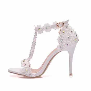 Comemore Kristāla Karaliene Sieviešu Sandales Baltā Mežģīņu Ziedi Pērle Līgavas Pušķis 9cm Papēdi Smalkas augstpapēžu kurpes Līgavas Sūkņi Kāzu Kurpes