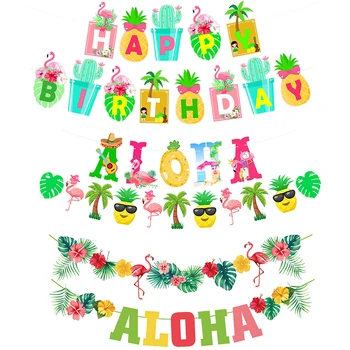 Vasaras ALOHA Hawaii Happy Birthday Banner Flamingo Havaju Tropu Puse Rotājumi Brīvdienu Puse Luau Aloha Grupa Krājumi