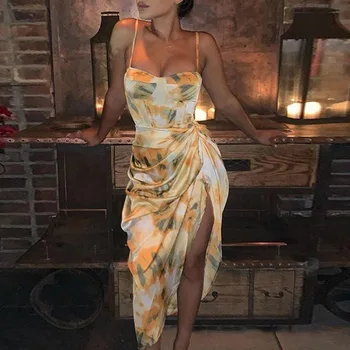 Jaunas Vasaras Kleitas Sievietēm Ir 2021. Modes Apelsīnu Shirring Nelegālo Sexy Sadalīt Vidū Garums Puse Kleita Siksnas Elegantu Tērpu Femme