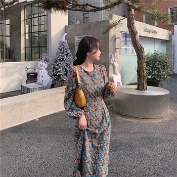 Kimotimo Sieviešu Kleita Ir 2021. Pavasara Ins Franču Stilā Vintage Print Elegants Pilnu Piedurknēm Plānas Vidukļa Korejas Šiks Biroja Lady Kleita