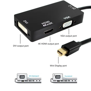 4K Mini Displayport DP Vīriešu DVI, HDMI, VGA Female 3 In 1 Adapteris Displeja Porta Kabelis Pārveidotājs Datoru, PC, Mac