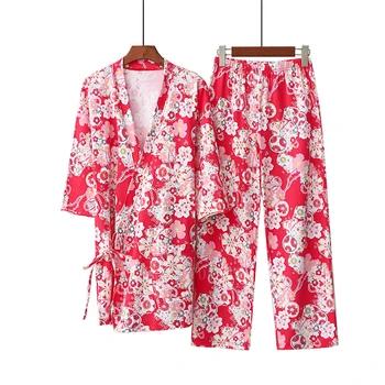 Sakura Sarkanā, Rozā Kimono Kleita Japāņu Stila Sieviete Vintage Haori Kokvilnas Pidžamas Yukata Peldmētelis Homewear Kawaii Yukata Drēbes