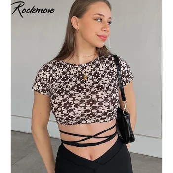Rockmore Vintage Ziedu Pleds Tee Īsām Piedurknēm Kultūraugu Top Sievietes 90s Streetwear T-Krekli Modes Apģērbu O Kakla Vasaras Tshirt 2021
