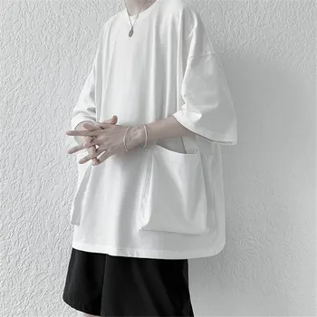 Ins vasaras kabatas kokvilnas īsām piedurknēm t-krekls tendence Japānas vīriešu un sieviešu brīvs savvaļas piecu punktu piedurknēm vienkrāsainu kreklu