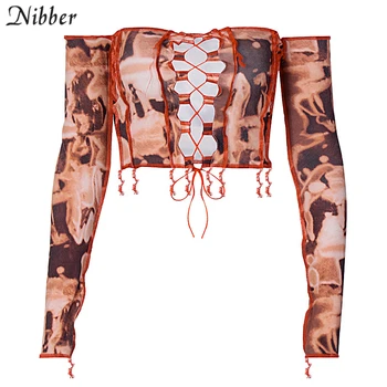 Nibber Vintage Tie Krāsošanas Pie Pleca Streetwear Sieviešu Sexy Dobi No Pušķis Adīt Y2k Top Crop Topi 2020. Gadam Samazināsies Kluba Slim Apģērbi