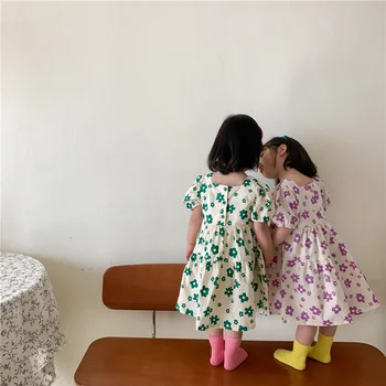 Vasara ir 2021. cute meitenes ziedu īsām piedurknēm kleitas korejiešu stilā, bērnu Laukums Apkakles princese kleita drēbes