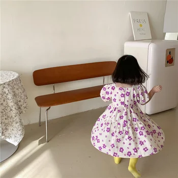 Vasara ir 2021. cute meitenes ziedu īsām piedurknēm kleitas korejiešu stilā, bērnu Laukums Apkakles princese kleita drēbes