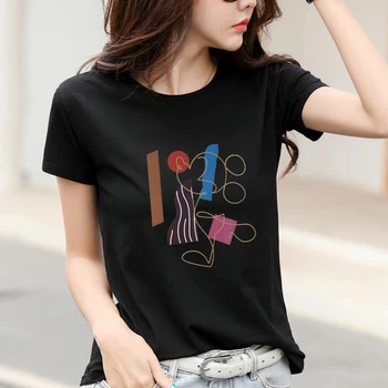 Radošā Mākslas Drukāšanas Sieviešu Vasaras Kokvilnas T-Krekls Ir 2021. Korejas Zaudēt Modes Īsām Piedurknēm T O-Veida Kakla Mīksto Ērti Topi