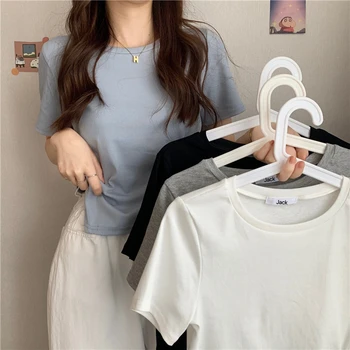 Yitimoky Nelegālo Sieviete Tshirts korejas Modes Krokas Topi O-veida kakla Cieto Īsām Piedurknēm T-krekls Gadījuma Vintage Džemperis Ērti