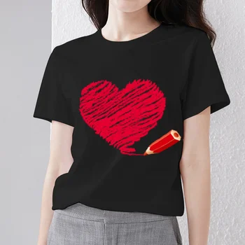 Melnās Visu maču Sieviešu T-krekls O-veida kakla Mīlestību Sirdī, Modelis, Sērija Topi Classic Dāmas Īsām Piedurknēm Tee Dropshipping Sieviešu Apģērbu