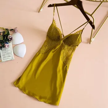 Jaunas Ielidošanas Homewear Satīna Sexy Naktskrekls Dzeltena Nightdress Vasaras Mājas Halāti Sieviešu Gadījuma Intīmas Apakšveļa