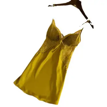 Jaunas Ielidošanas Homewear Satīna Sexy Naktskrekls Dzeltena Nightdress Vasaras Mājas Halāti Sieviešu Gadījuma Intīmas Apakšveļa