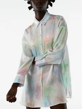 ZA vasarā jaunu stilu modes dāmas temperamentu, atloks, satīna tekstūru kaklasaišu krāsošanas krekls top